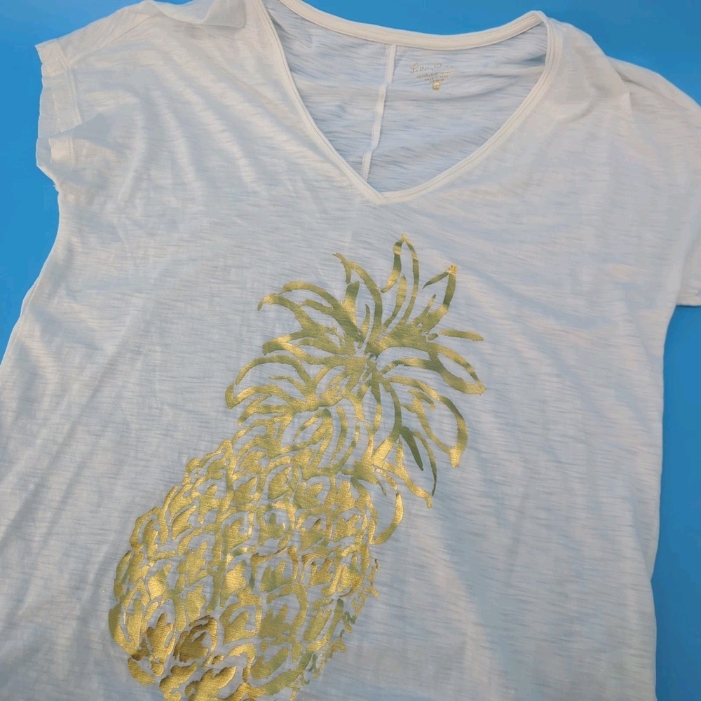Lilly Pulitzer XS White Pima Cotton Gold Pineapple V Neck Tee Shirt Tropical